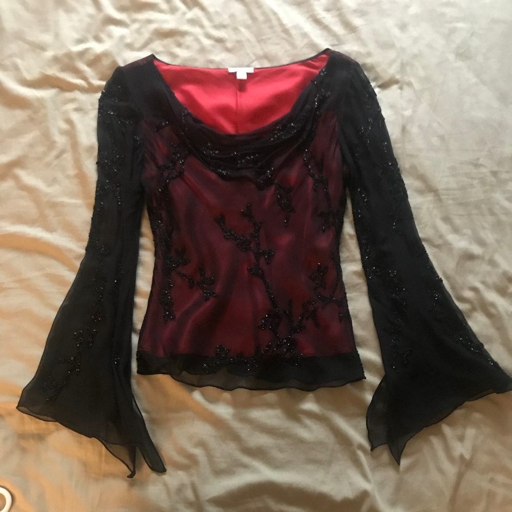 red and black sheer beaded blouse